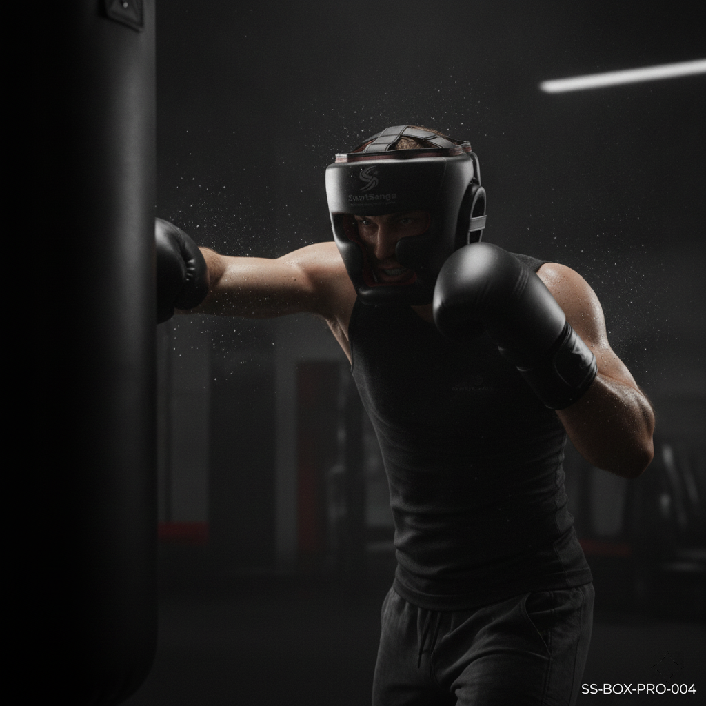 Pro boxing gloves on canvas in dim spotlight