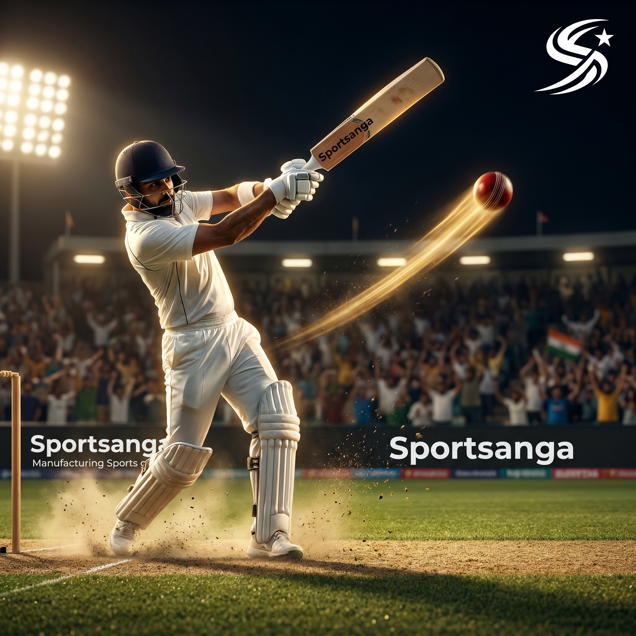 English willow cricket bat against a stadium backdrop