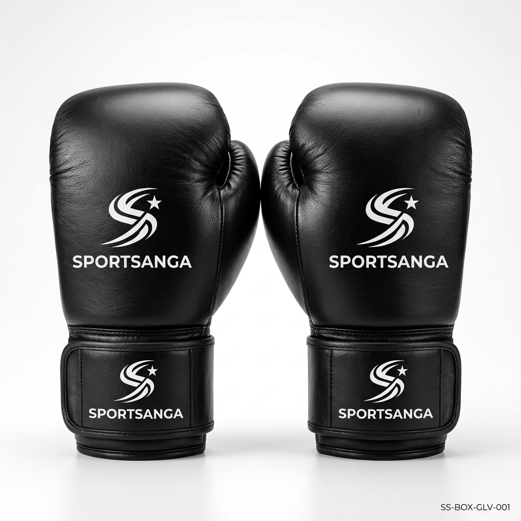 Black premium leather boxing gloves by SportSanga for professional training and sparring.