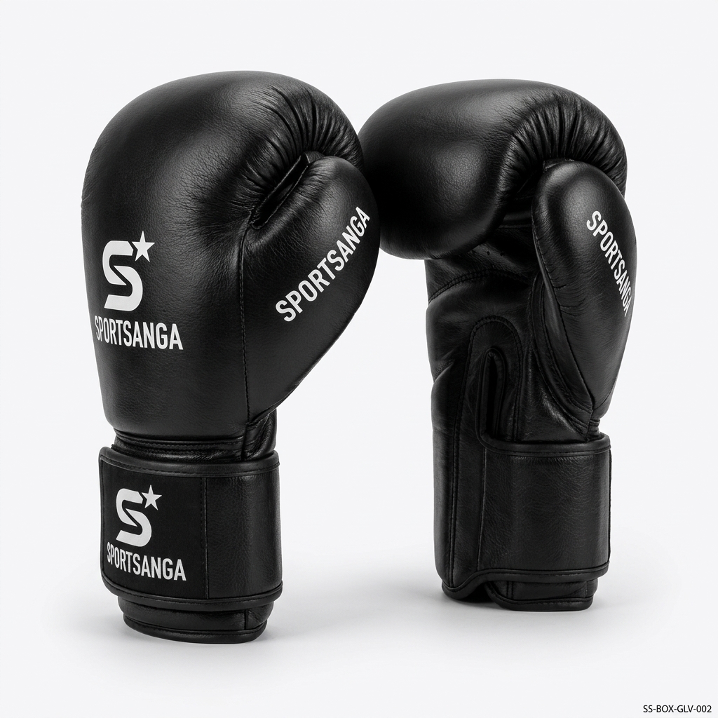 Black premium leather boxing gloves by SportSanga for professional training and sparring.